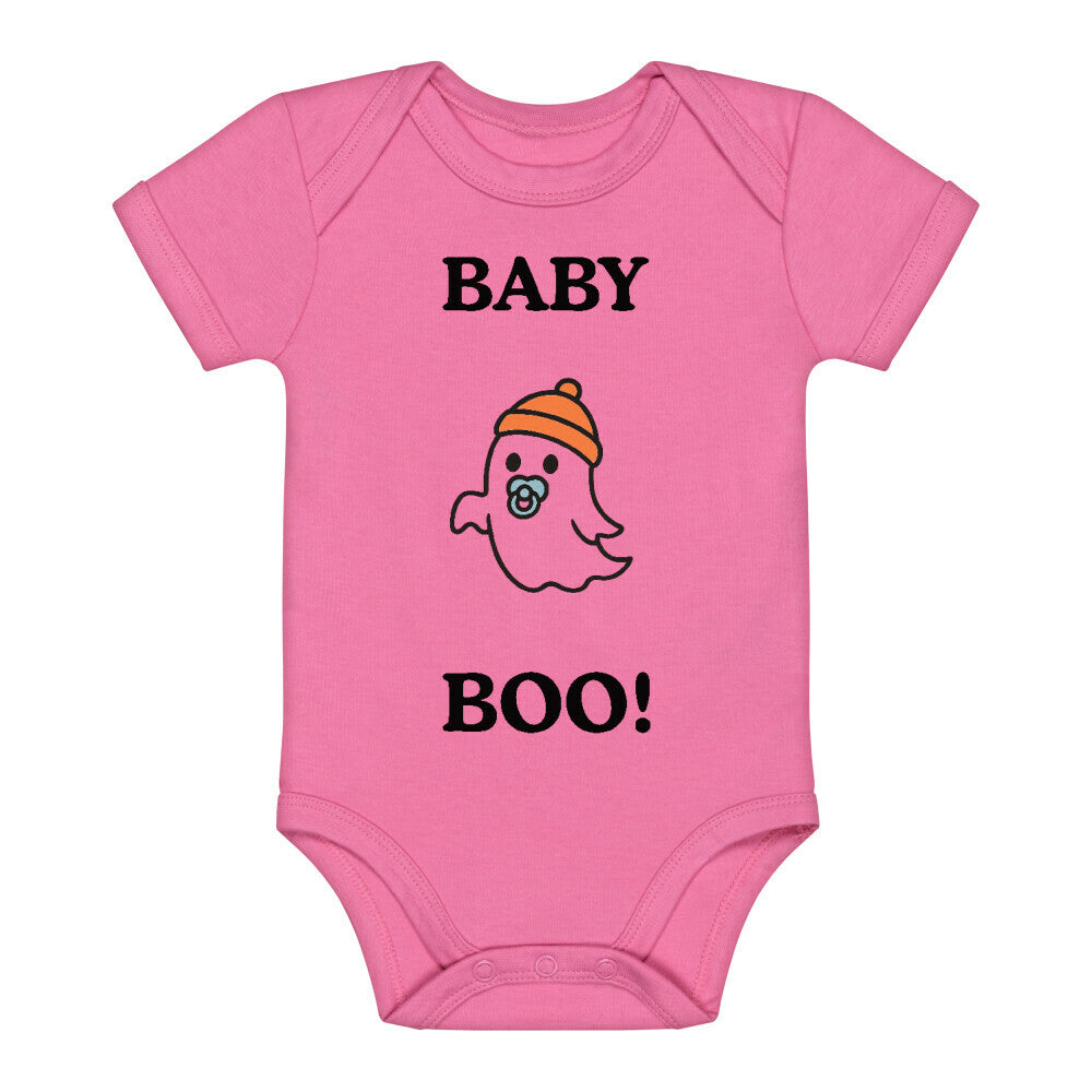 Baby Body Halloween Baby BOO mit einem geist mit Schnuller im Mund und einer Orangenen Mütze Farbe des Bodys: pink  Schriftzug schwarz