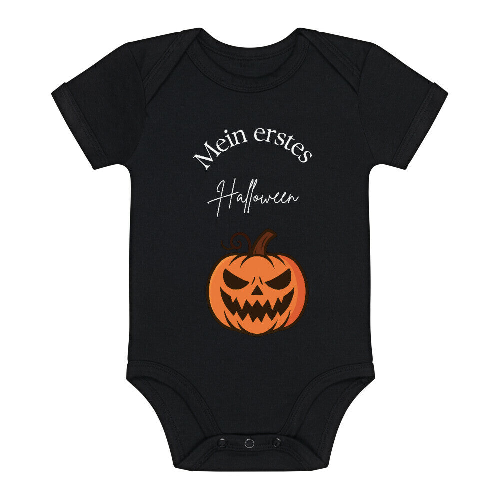 Baby Body Mein erstes Halloween mit einem Kürbis in orange abgebildet: Farbe des Bodys schwarz und  Aufdruck der Schrift in weiß