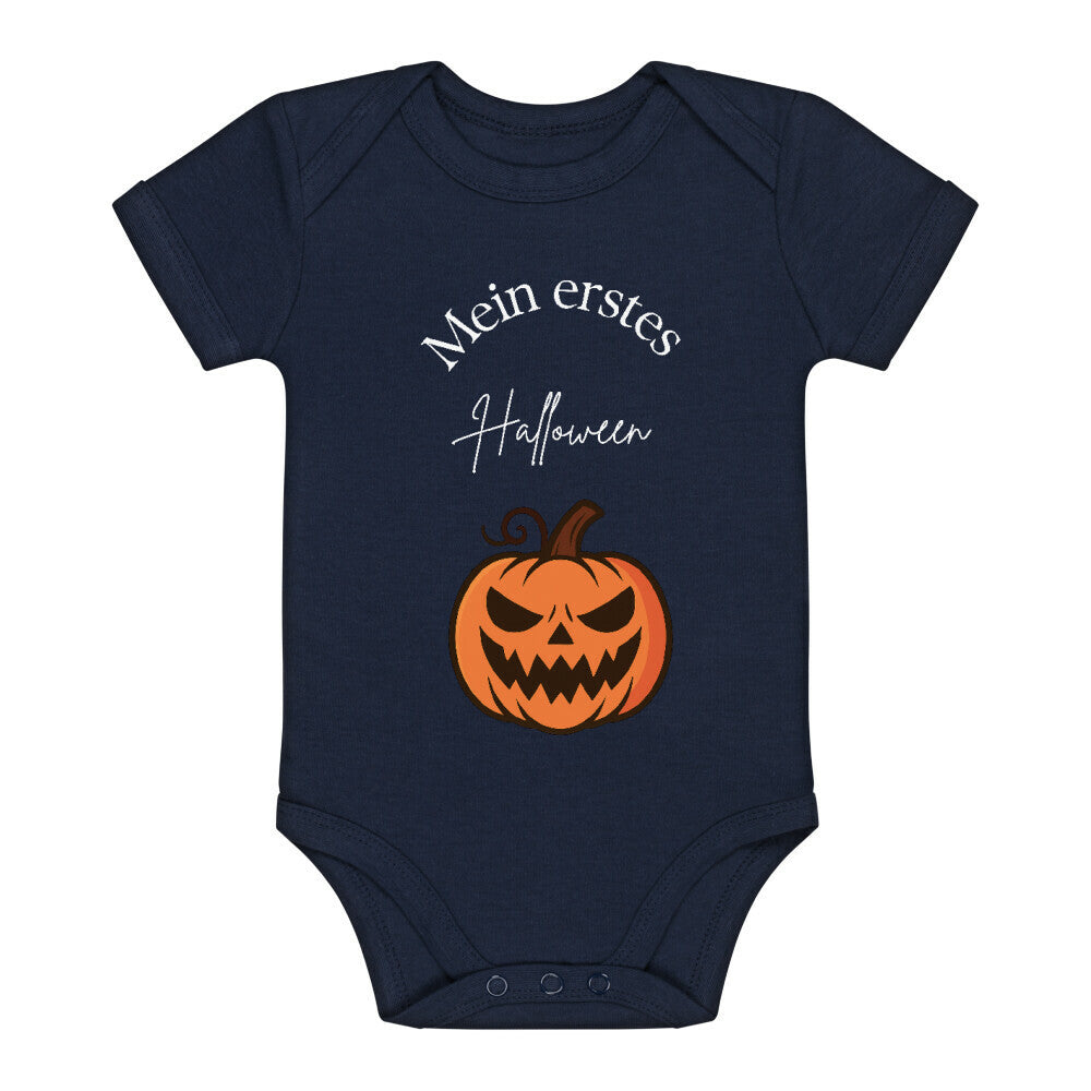 Baby Body Mein erstes Halloween mit einem Kürbis in orange abgebildet: Farbe French Navy Aufdruck der Schrift in weiß