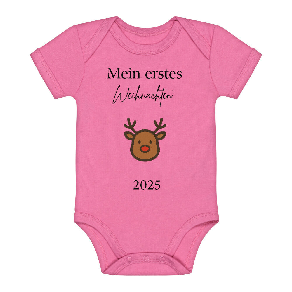 Baby Body Mein erstes Weihnachten 2025 mit einem Rentierkopf in der Farbe pink