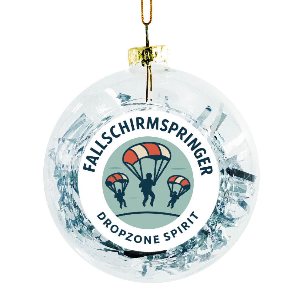 Fallschirmspringer Weihnachtskugel mit drei abgebildeten Fallschirmspringer und Folienstreifen in der Kugel in Silber