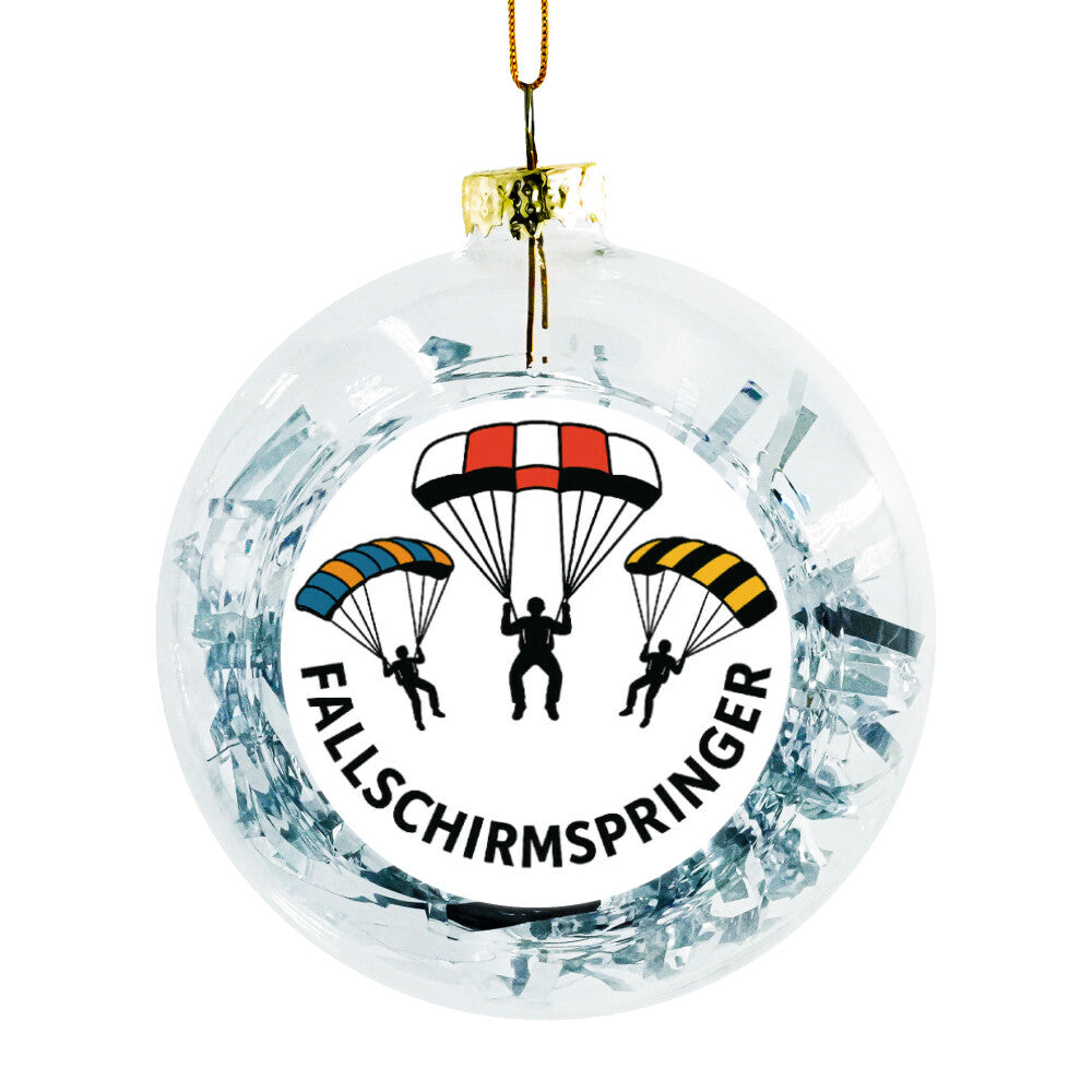 Fallschirmspringer Weihnachtskugel mit drei abgebildeten Fallschirmspringer mit Folienstreifen in Silber und bunten Fallschirmen