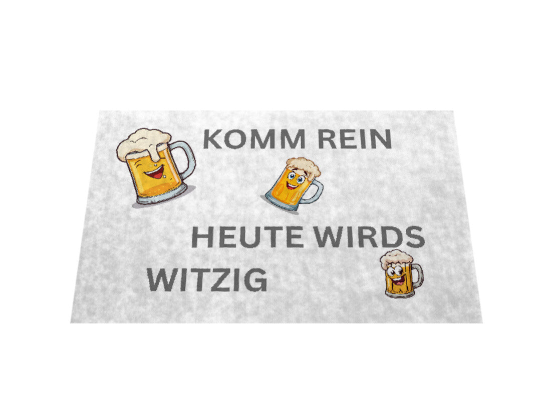 Komm rein heute wird’s witzig Fußmatte mit Bierkrügen einzigartig für Party al Geschenk für Freunde in weiss