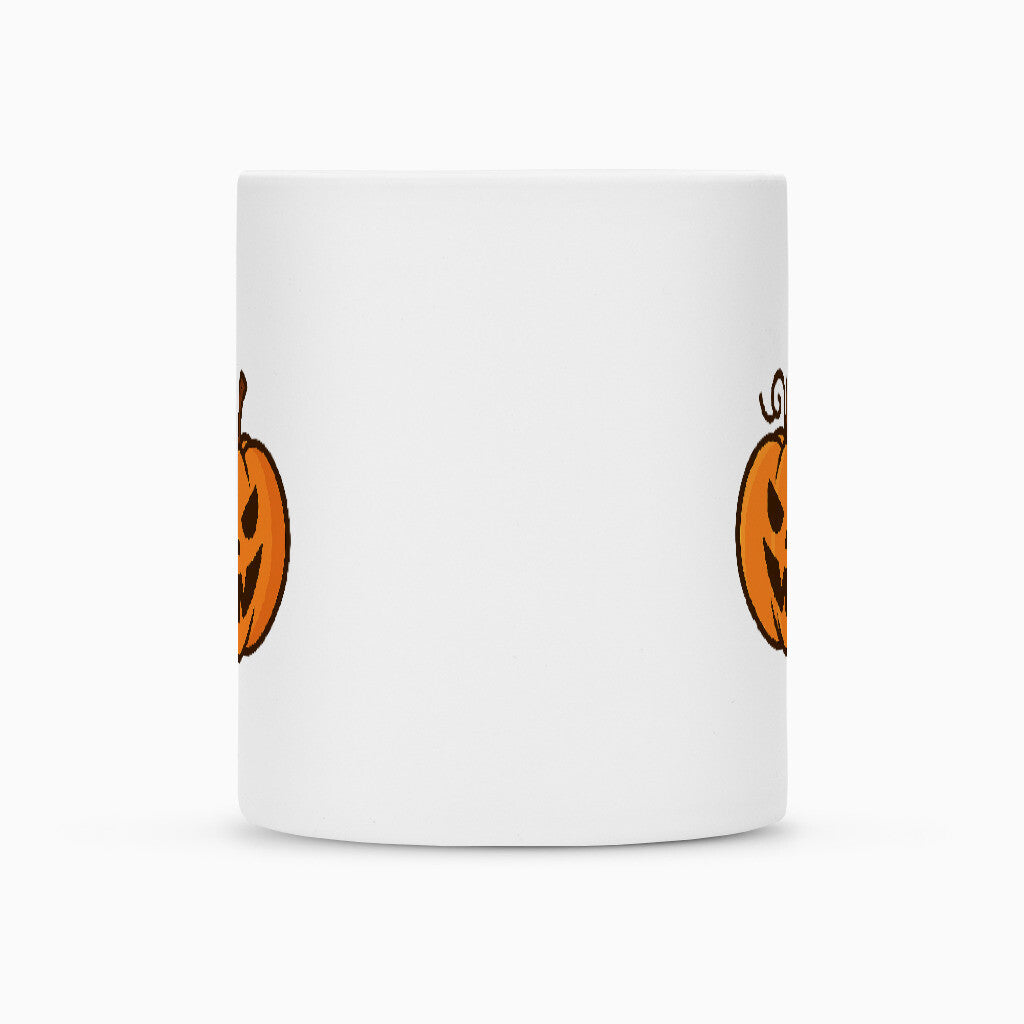 Halloween Tasse Kürbis beide Seiten sind mit einem schönen Grusel Kürbis bedruckt, diese Tasse aus Keramik in Matt weiß ist ein echter hingucker für alle Halloween Fans oder auch für kalte Herbsttage