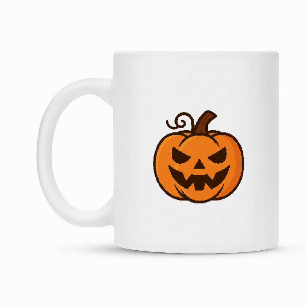 Halloween Tasse Kürbis beide Seiten sind mit einem schönen Grusel Kürbis bedruckt, diese Tasse aus Keramik in Matt weiß ist ein echter hingucker für alle Halloween Fans oder auch für kalte Herbsttage
