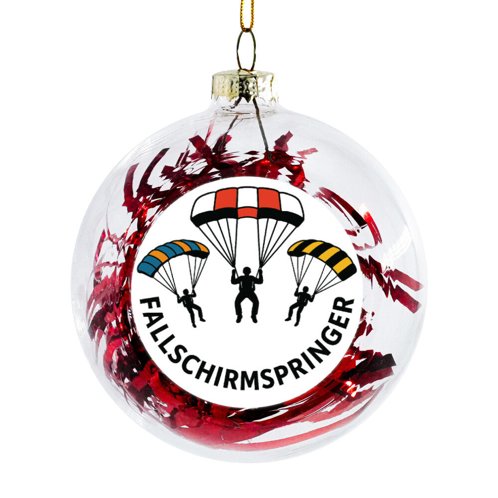 Fallschirmspringer Weihnachtskugel mit drei abgebildeten Fallschirmspringer mit Folienstreifen in rot  und bunten Fallschirmen