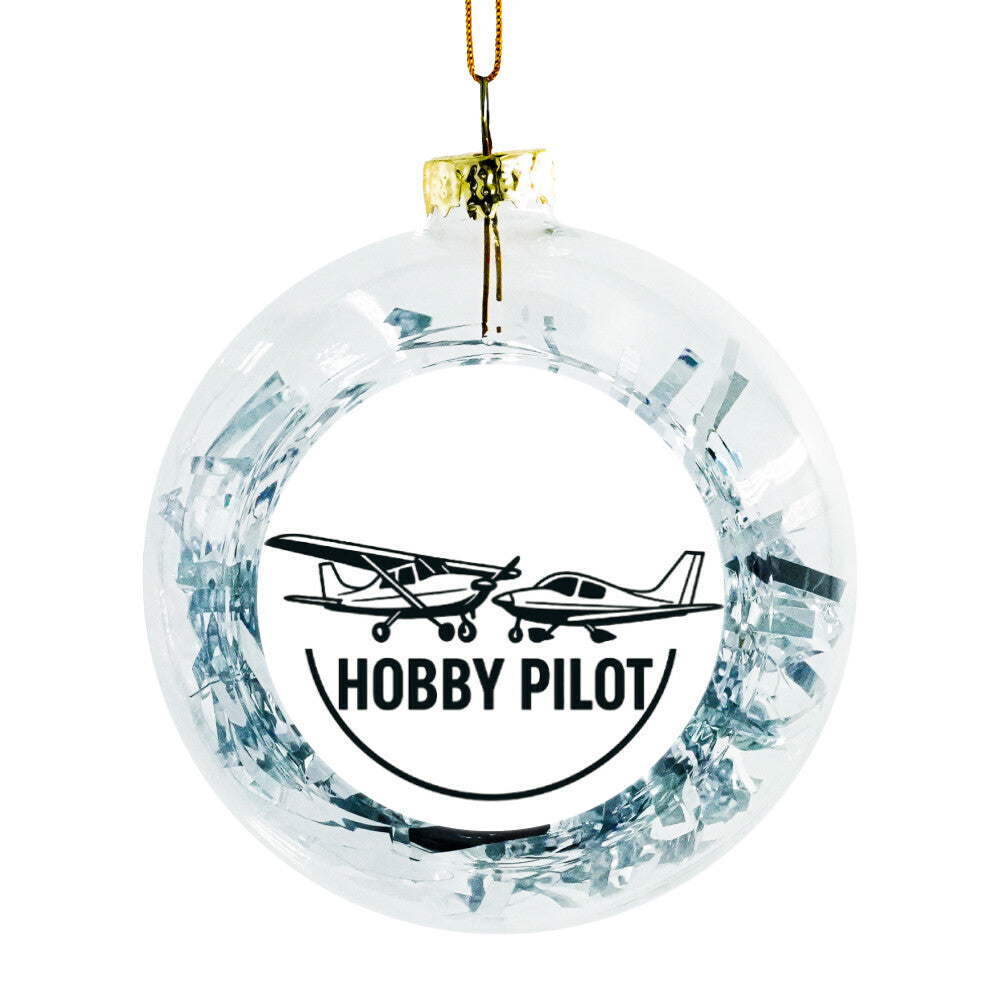 Weihnachtskugel Hobby Pilot mit zwei abgebildeten Flugzeugen und Folienstreifen in Silber