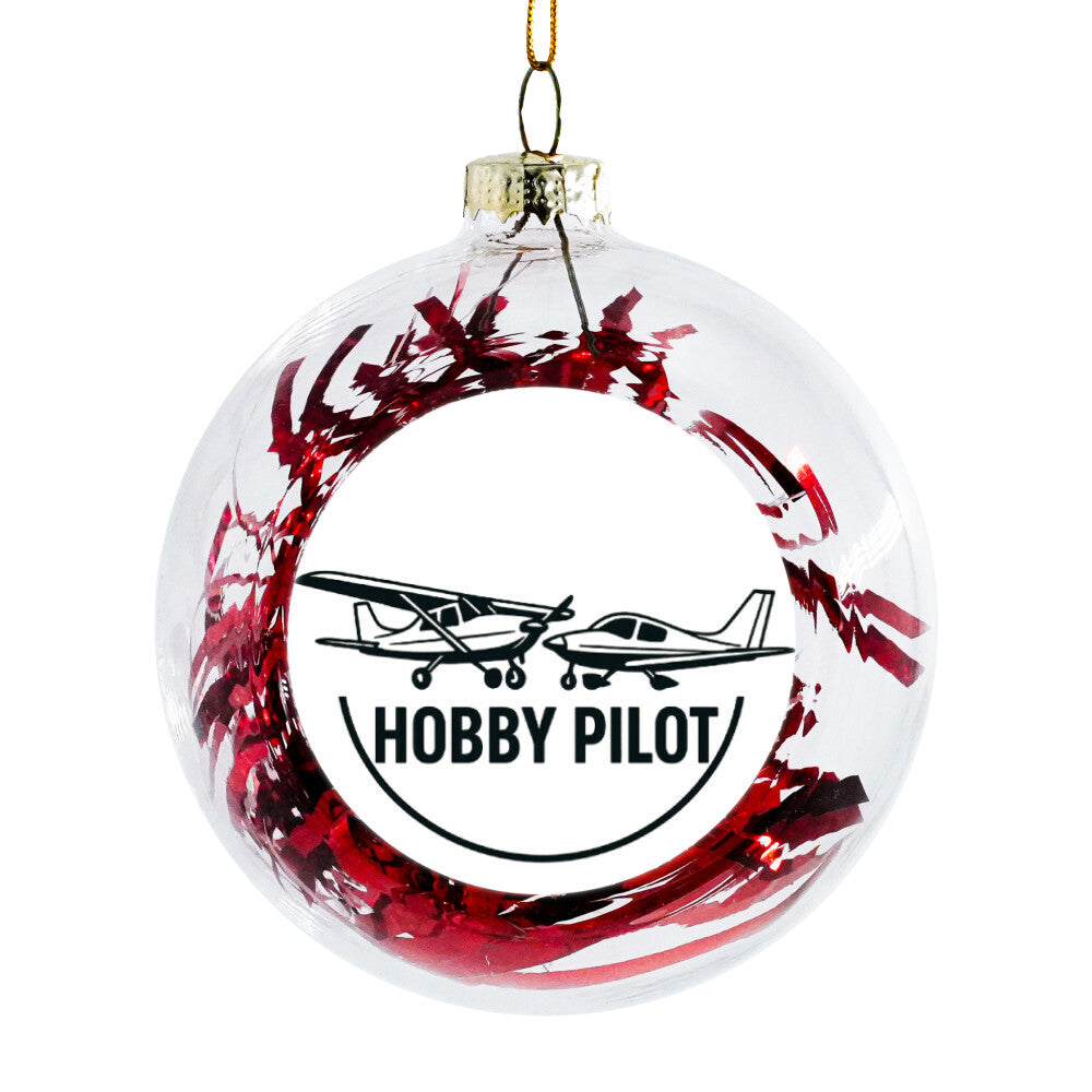 Weihnachtskugel Hobby Pilot mit zwei abgebildeten Flugzeugen und Folienstreifen in rot