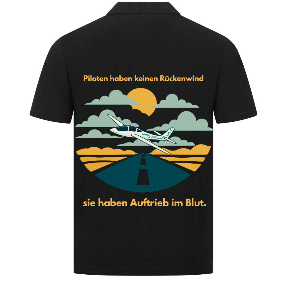 Classic Polo Shirt - Piloten haben keinen Rückenwind dieser Spruch befindet sich auf der  Rückseite des Shirts in einem gelben Schriftzug  auf der Vorderseite erkennen Sie ein Segelflugzeug mit der Kennung D-6660 links oben ,dieses sieht man auf der Rückseite mit einer schönen Abbildung mitten im Kreis von dem Spruch. Farbe des Shirts ist schwarz 