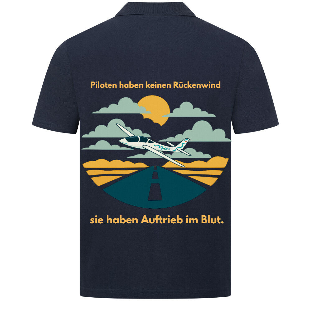 Classic Polo Shirt - Piloten haben keinen Rückenwind dieser Spruch befindet sich auf der  Rückseite des Shirts in einem gelben Schriftzug  auf der Vorderseite erkennen Sie ein Segelflugzeug mit der Kennung D-6660 links oben ,dieses sieht man auf der Rückseite mit einer schönen Abbildung mitten im Kreis von dem Spruch. Farbe des Shirts ist  french navy