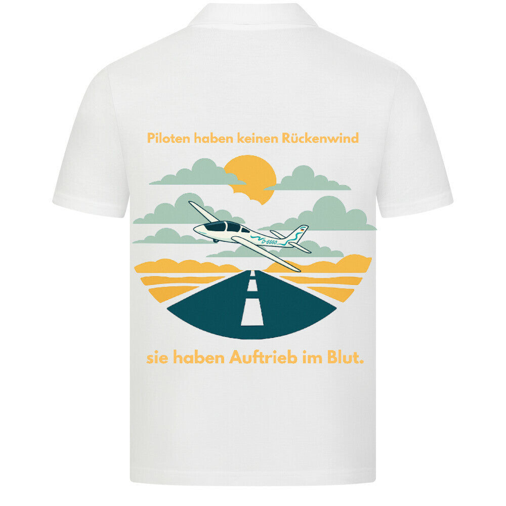 Classic Polo Shirt - Piloten haben keinen Rückenwind dieser Spruch befindet sich auf der  Rückseite des Shirts in einem gelben Schriftzug  auf der Vorderseite erkennen Sie ein Segelflugzeug mit der Kennung D-6660 links oben ,dieses sieht man auf der Rückseite mit einer schönen Abbildung mitten im Kreis von dem Spruch. Farbe des Shirts ist weiss