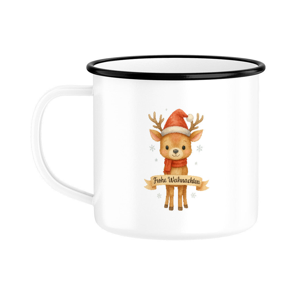 Baby-Reh in Aquarell mit Weihnachtsmütze und Schal, umgeben von Schneeflocken, auf weißer Emaille-Tasse mit „Frohe Weihnachten“-Banner.