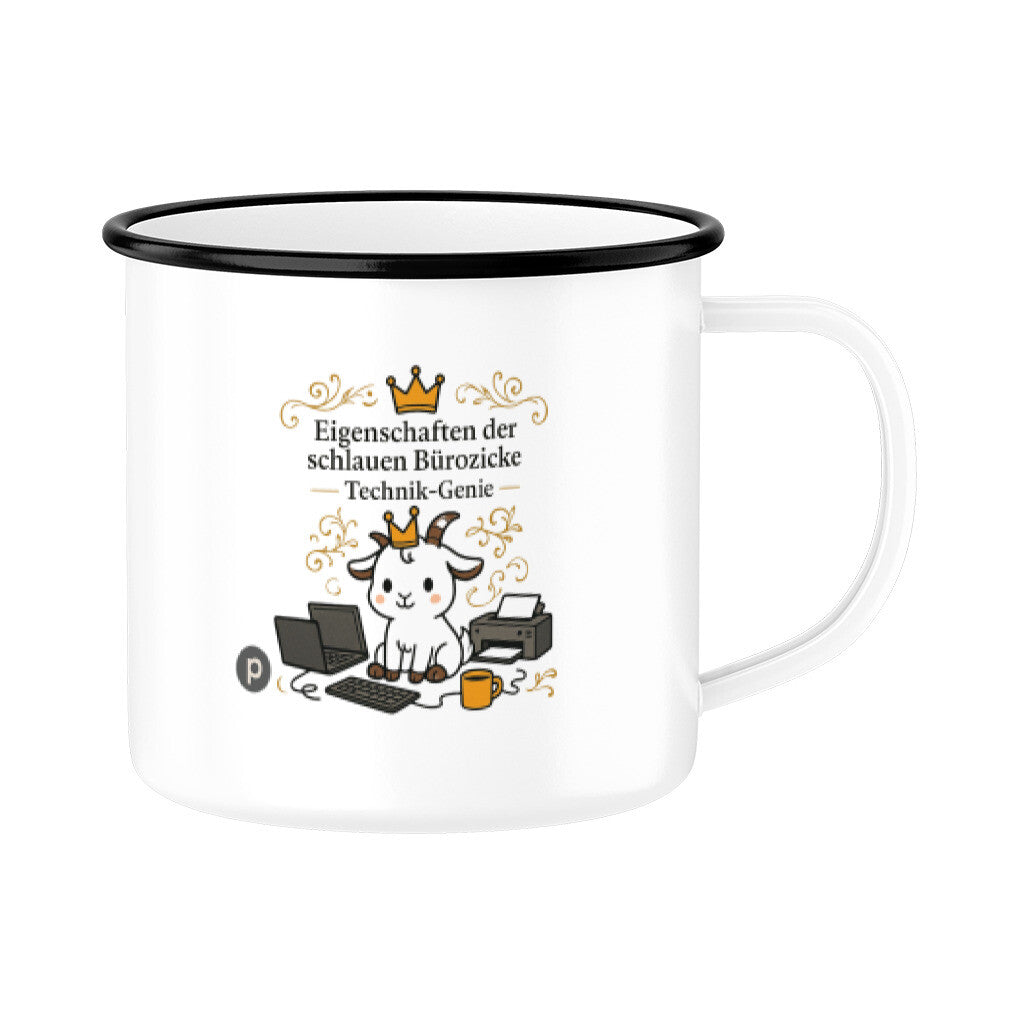 Emaille Tasse Schwarz Buerozicke das Technik Genie mit einzigartigen Bildern & Sprüchen 